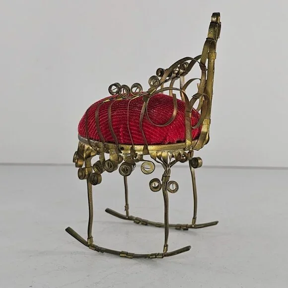 Vintage Pin Cushion Rocking Chair Red Tin Can Folk Tramp Art Dollhouse Kitsch - Picture 5 of 8